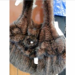 Belle Fare Large Knitted Mink Bag with Brown Rose